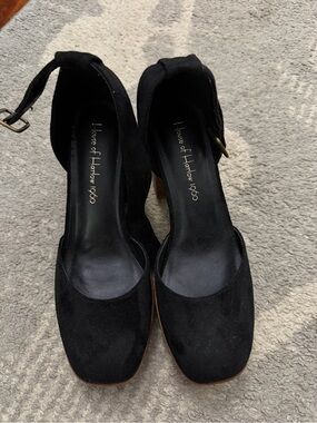 House of Harlow 1960 Black Faux Suede Ankle Strap Heels